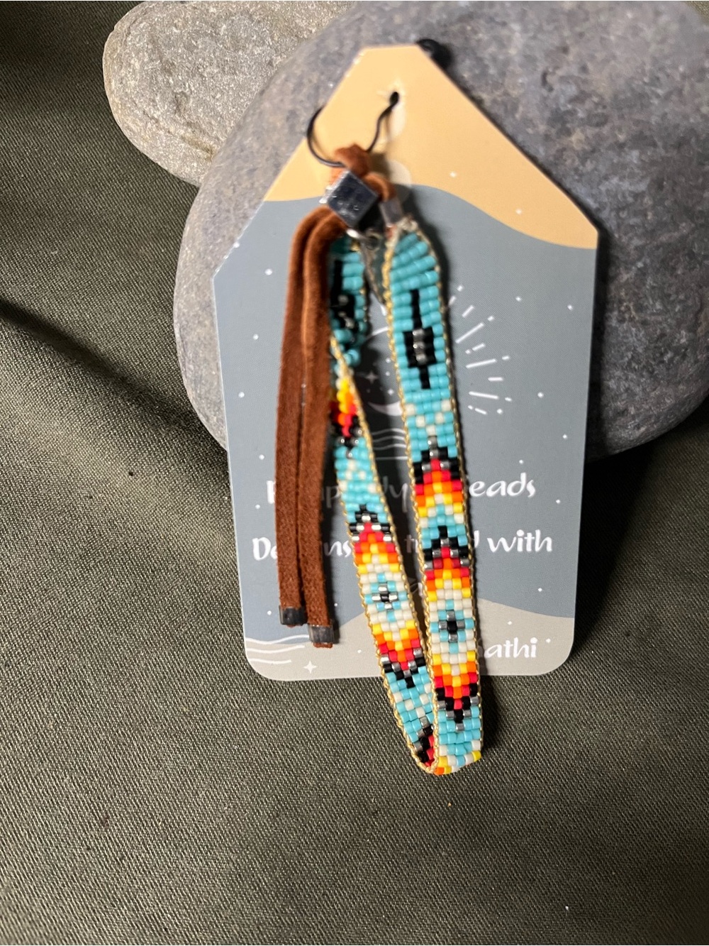 Beaded Turquoise Southwestern adjustable Bracelet with Brown Suede silver slide